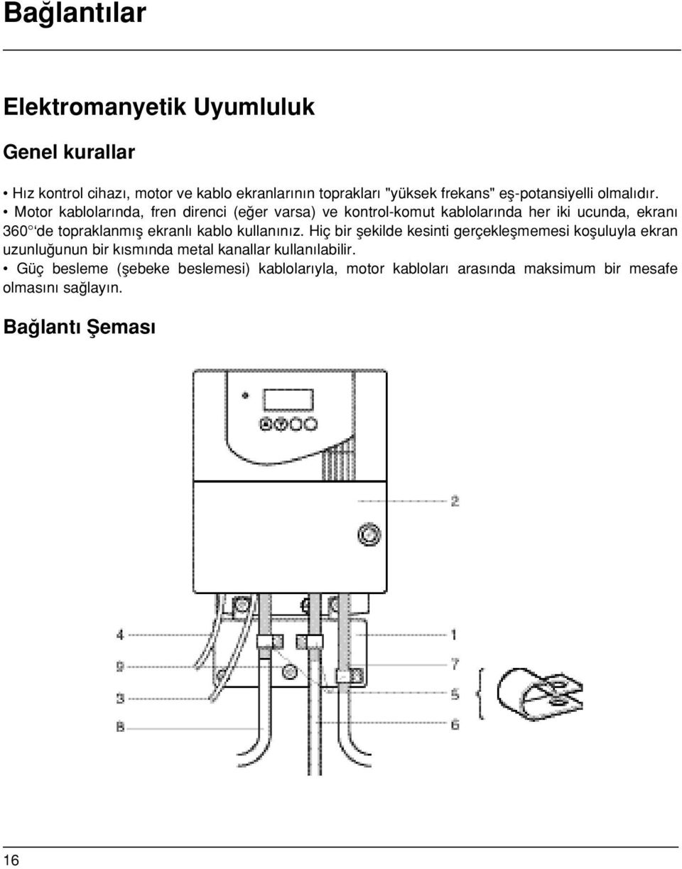 Motor kablolar nda, fren direnci (e er varsa) ve kontrol-komut kablolar nda her iki ucunda, ekran 360 de topraklanm fl ekranl kablo