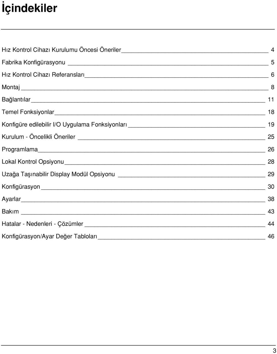 19 Kurulum - Öncelikli Öneriler 25 Programlama 26 Lokal Kontrol Opsiyonu 28 Uza a Tafl nabilir Display Modül