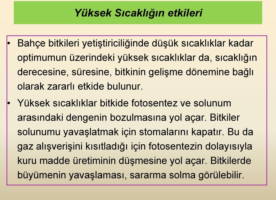 Yüksek sıcaklıklar bitkide fotosentez ve solunum arasındaki dengenin bozulmasına yol açar.