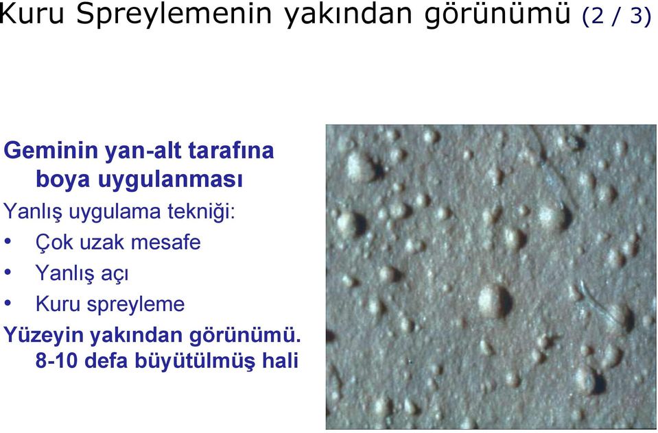 Yanlış açı Kuru spreyleme Yüzeyin yakından görünümü.