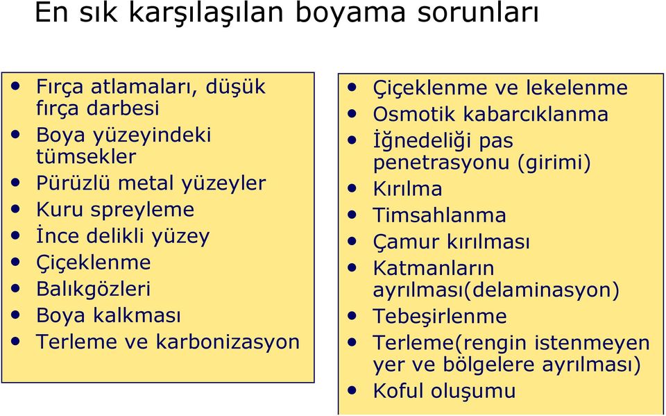 lekelenme Osmotik kabarcıklanma İğnedeliği pas penetrasyonu (girimi) Kırılma Timsahlanma Çamur kırılması Katmanların