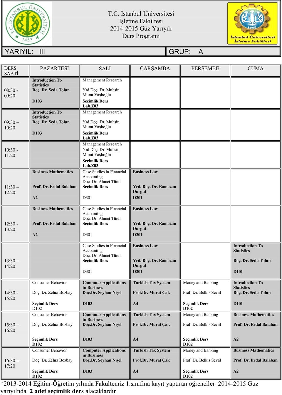 Dr. Ahmet Türel Business Law Yrd. Doç. Dr. Ramazan D301 Statistics Doç. Dr. Seda Tolun Consumer Behavior Computer Applications Turkish Tax System Money and Banking in Business Statistics Doç. Dr. Zehra Bozbay Doç.