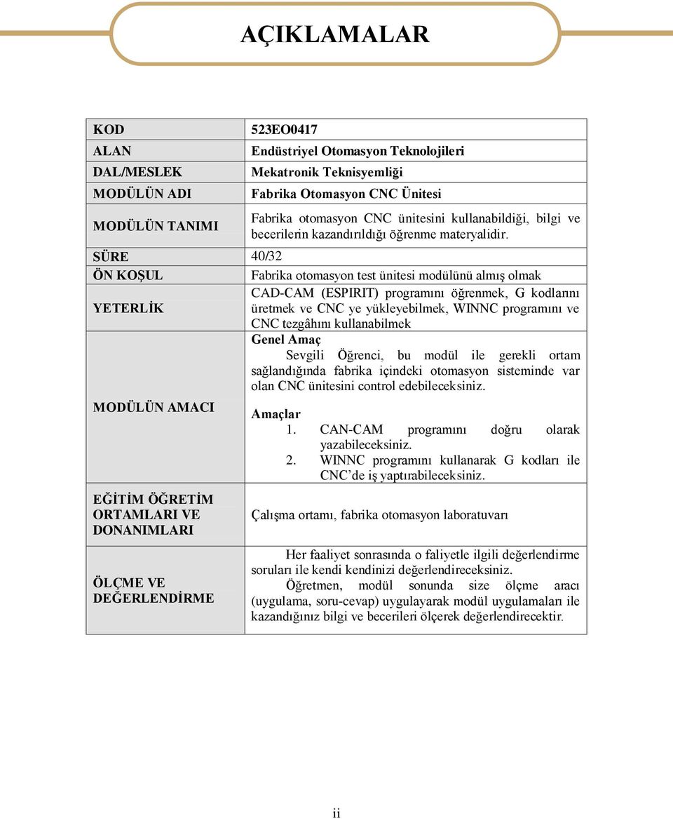 SÜRE 40/32 ÖN KOŞUL Fabrika otomasyon test ünitesi modülünü almış olmak CAD-CAM (ESPIRIT) programını öğrenmek, G kodlarını YETERLİK üretmek ve CNC ye yükleyebilmek, WINNC programını ve CNC tezgâhını
