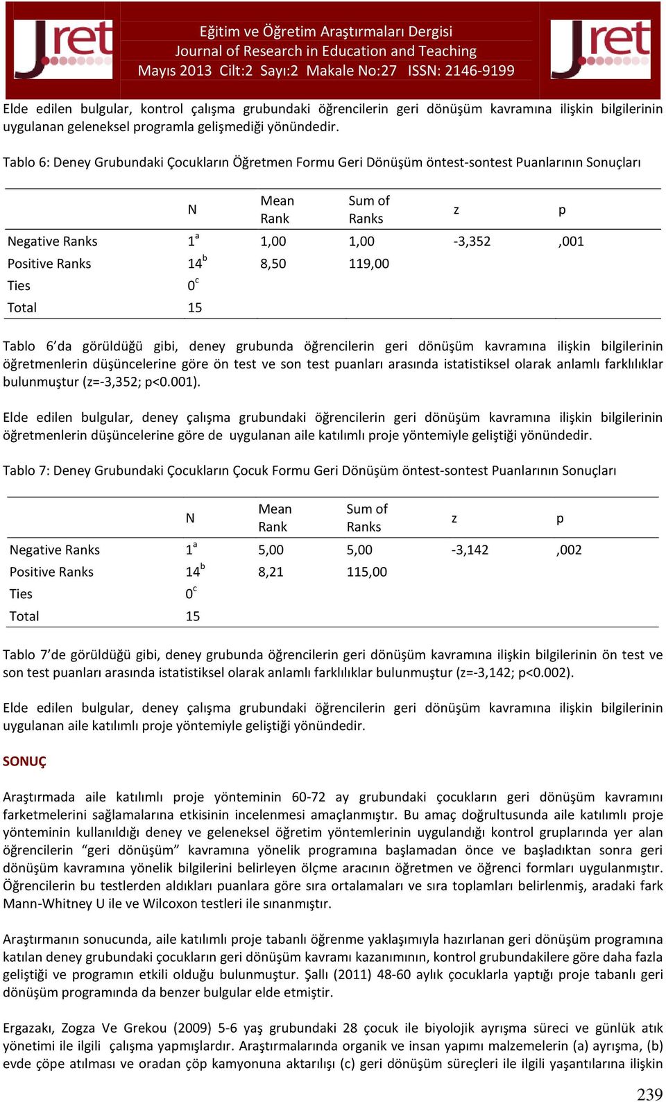 Ties 0 c Total 15 z Tablo 6 da görüldüğü gibi, deney grubunda öğrencilerin geri dönüşüm kavramına ilişkin bilgilerinin öğretmenlerin düşüncelerine göre ön test ve son test uanları arasında