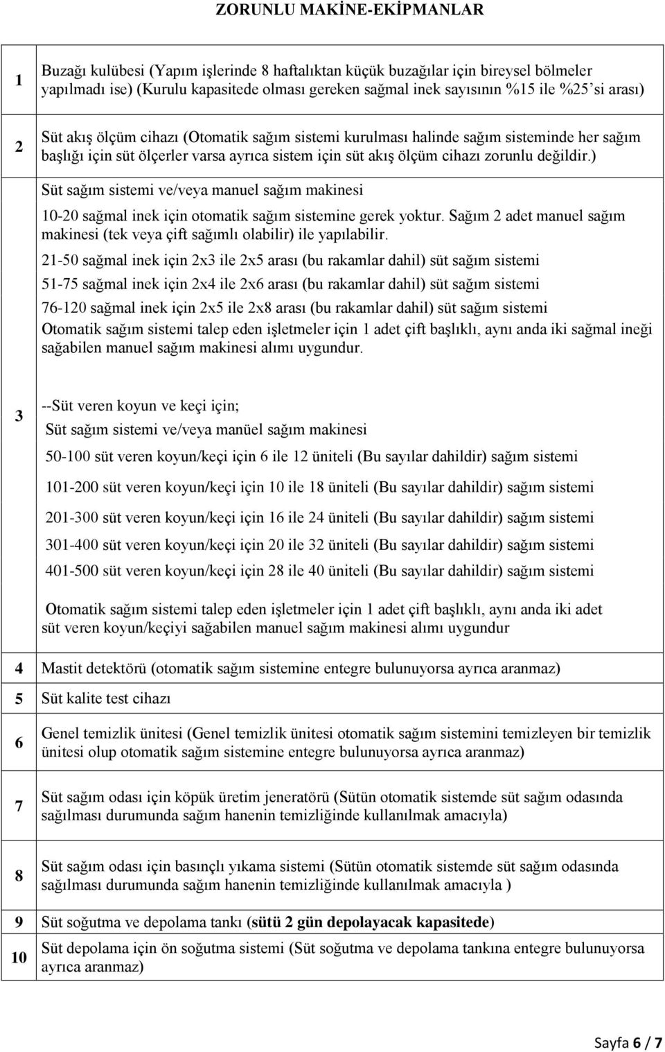 ) Süt sağım sistemi ve/veya manuel sağım makinesi -0 sağmal inek için otomatik sağım sistemine gerek yoktur. Sağım adet manuel sağım makinesi (tek veya çift sağımlı olabilir) ile yapılabilir.