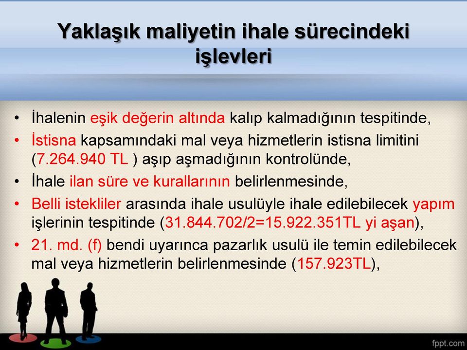 940 TL ) aşıp aşmadığının kontrolünde, İhale ilan süre ve kurallarının belirlenmesinde, Belli istekliler arasında ihale