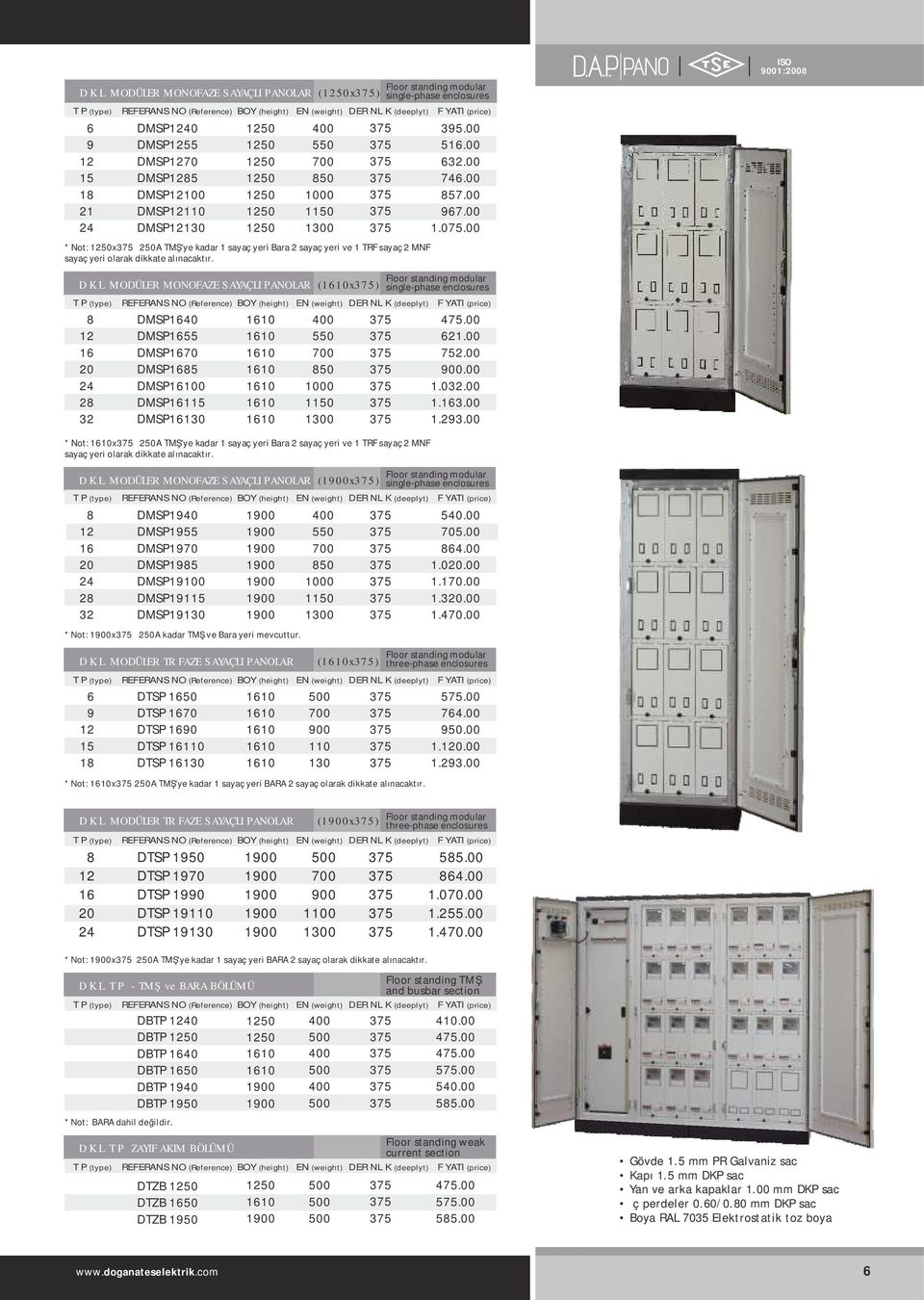 DİKİLİ MODÜLER MONOFAZE SAYAÇLI PANOLAR (x) 8 12 16 20 24 28 32 DMSP1640 DMSP1655 DMSP1670 DMSP1685 DMSP0 DMSP16115 DMSP16 1150 Floor standing modular singlephase enclosures 395.00 516.00 632.00 746.