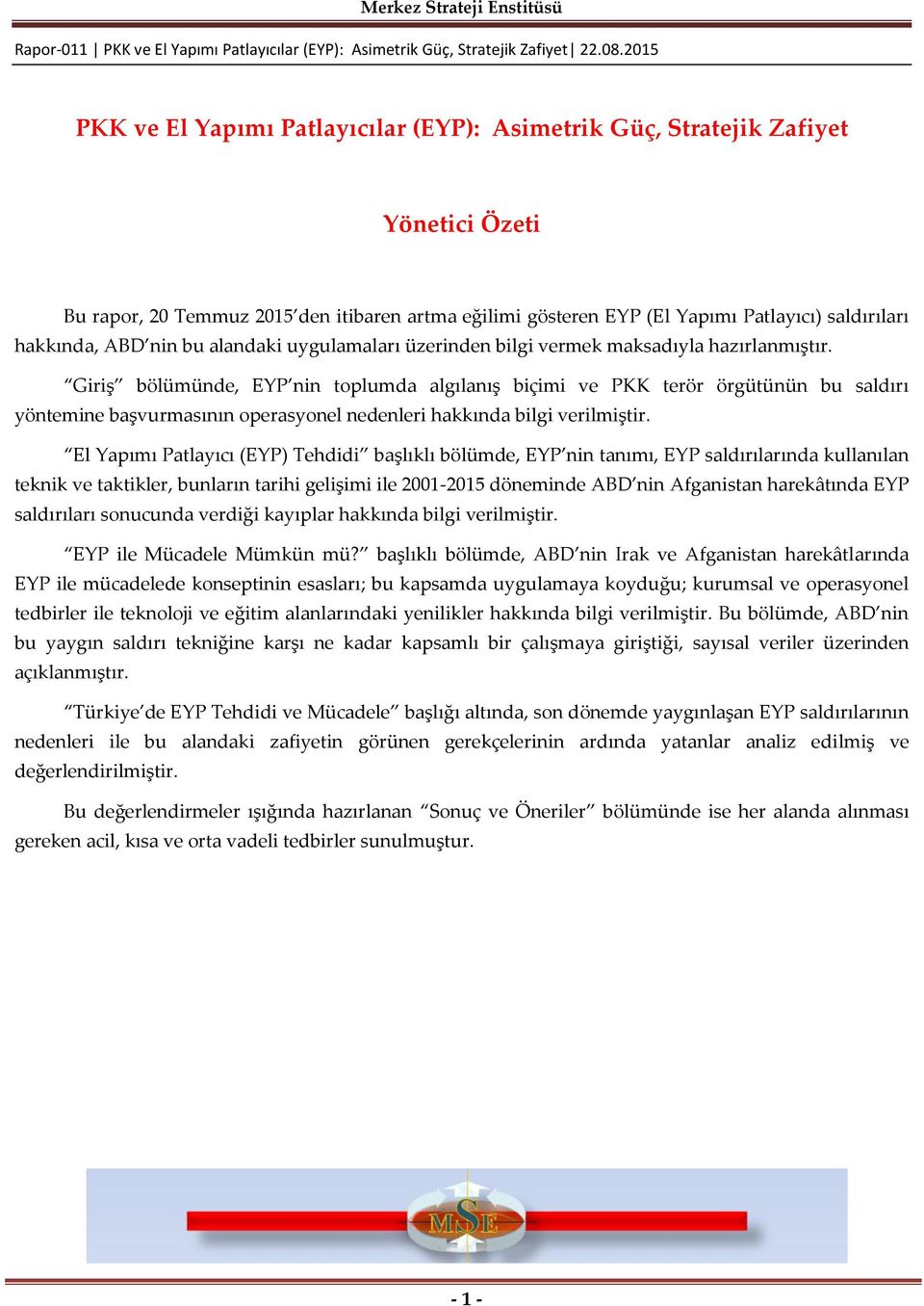 Giriş bölümünde, EYP nin toplumda algılanış biçimi ve PKK terör örgütünün bu saldırı yöntemine başvurmasının operasyonel nedenleri hakkında bilgi verilmiştir.