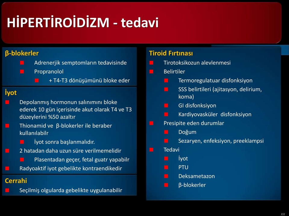 2 hatadan daha uzun süre verilmemelidir Plasentadan geçer, fetal guatr yapabilr Radyoaktif iyot gebelikte kontraendikedir Cerrahi Adrenerjik semptomların tedavisinde Propranolol + T4-T3