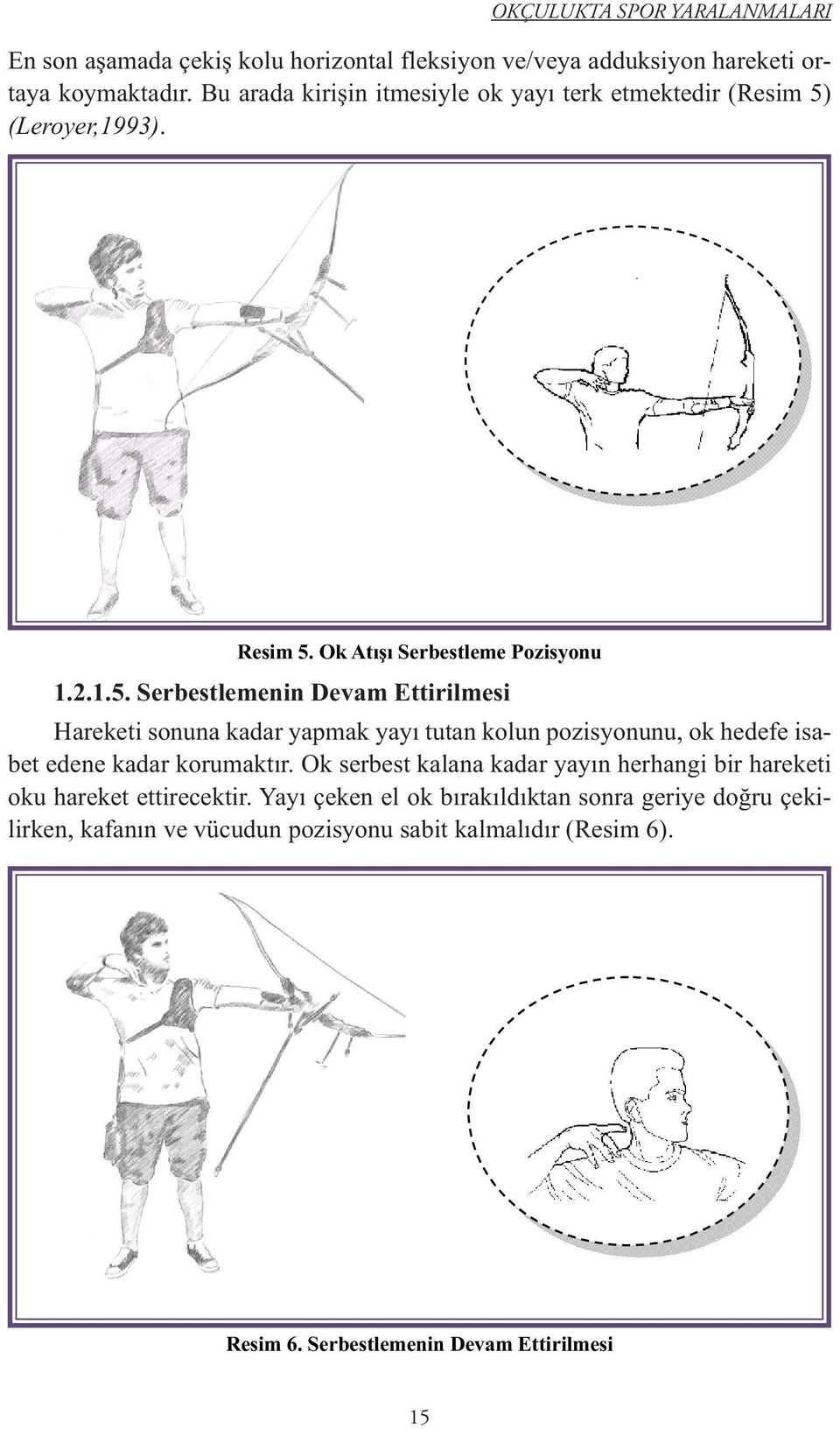 (Leroyer,1993). Resim 5. Ok Atışı Serbestleme Pozisyonu 1.2.1.5. Serbestlemenin Devam Ettirilmesi Hareketi sonuna kadar yapmak yayı tutan kolun pozisyonunu, ok hedefe isabet edene kadar korumaktır.