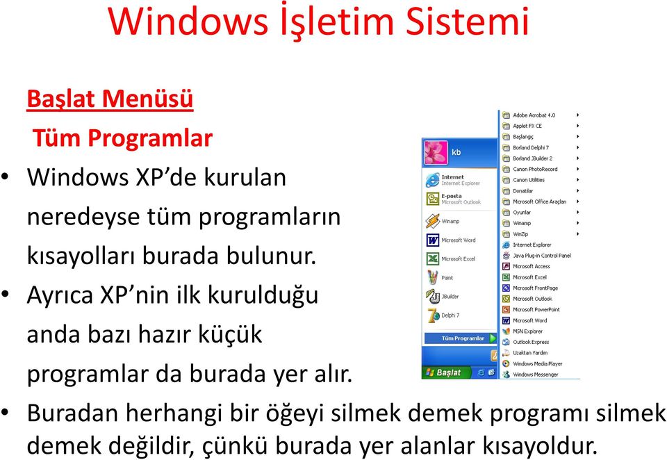 Ayrıca XP nin ilk kurulduğu anda bazı hazır küçük programlar da burada