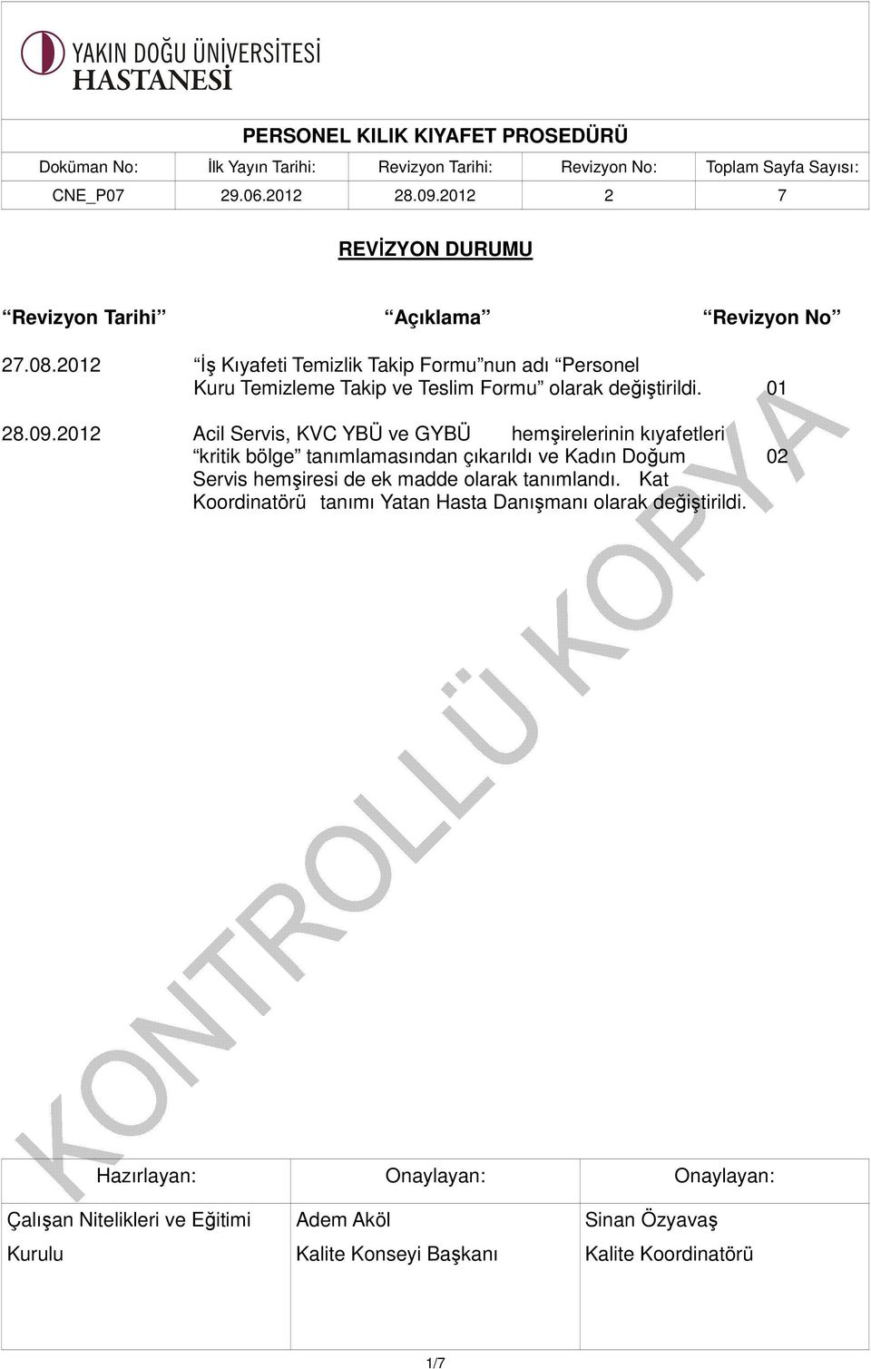 2012 Acil Servis, KVC YBÜ ve GYBÜ hemşirelerinin kıyafetleri kritik bölge tanımlamasından çıkarıldı ve Kadın Doğum 02 Servis hemşiresi de