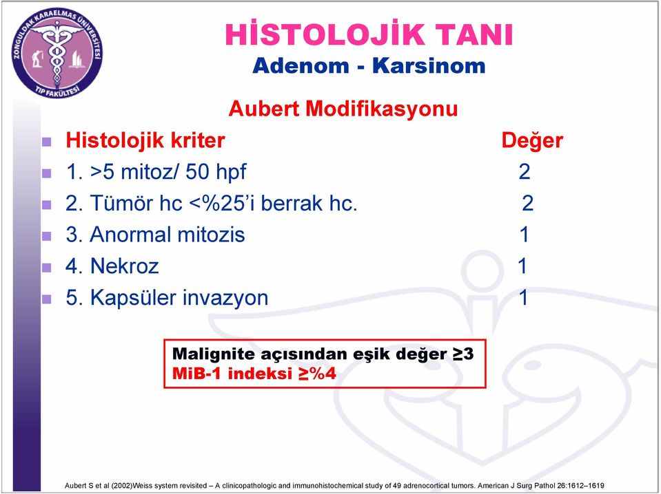 Kapsüler invazyon 1 Malignite açısından eşik değer 3 MiB-1 indeksi %4 Aubert S et al (2002)Weiss