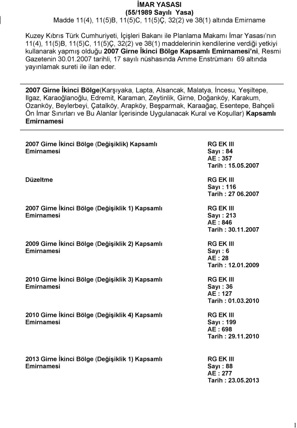 2007 tarihli, 17 sayılı nüshasında Amme Enstrümanı 69 altında yayınlamak sureti ile ilan eder.