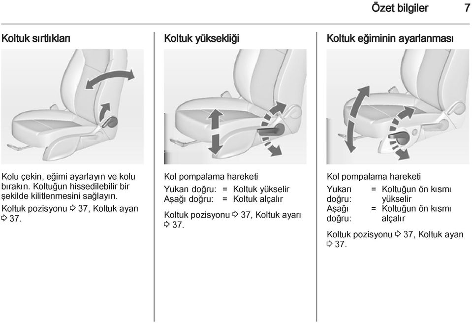 Kol pompalama hareketi Yukarı doğru: = Koltuk yükselir Aşağı doğru: = Koltuk alçalır Koltuk pozisyonu 3 37, Koltuk ayarı 3 37.