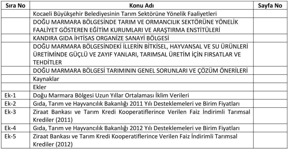 FIRSATLAR VE TEHDİTLER DOĞU MARMARA BÖLGESİ TARIMININ GENEL SORUNLARI VE ÇÖZÜM ÖNERİLERİ Kaynaklar Ekler Ek-1 Doğu Marmara Bölgesi Uzun Yıllar Ortalaması İklim Verileri Ek-2 Gıda, Tarım ve