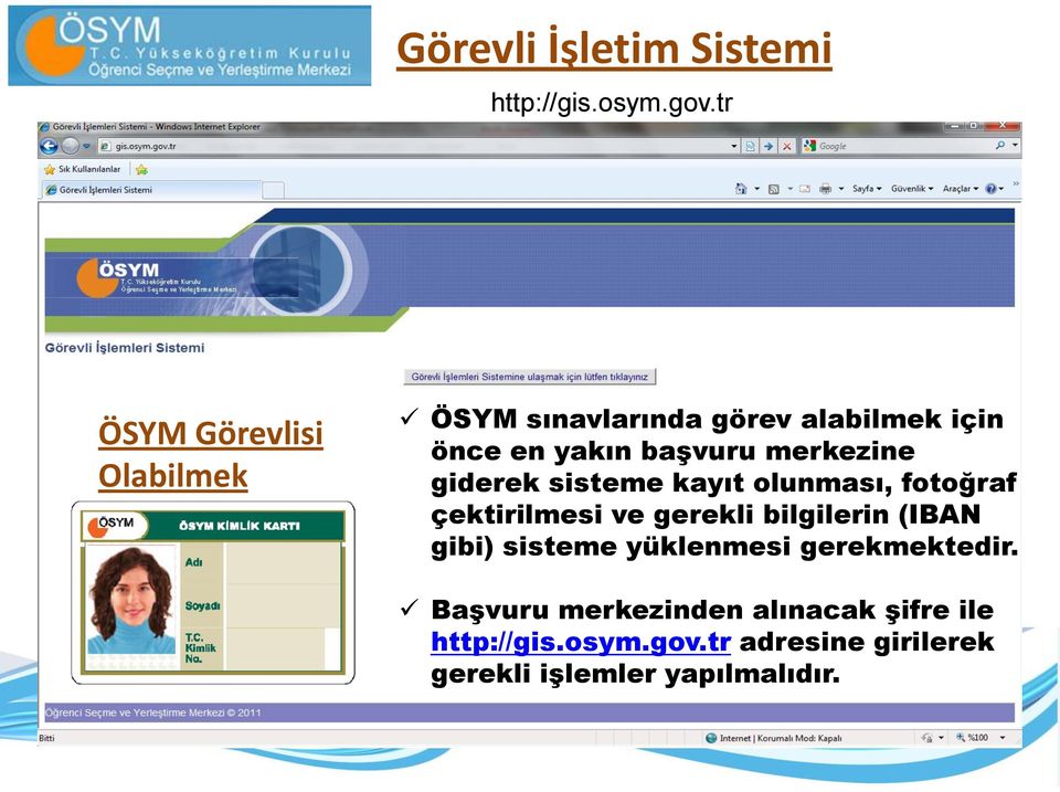 merkezine giderek sisteme kayıt olunması, fotoğraf çektirilmesi ve gerekli bilgilerin (IBAN