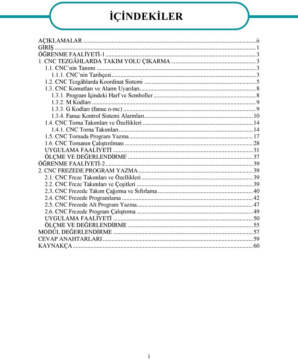 Fanuc Kontrol Sistemi Alarmları... 10 1.4. CNC Torna Takımları ve Özellikleri... 14 1.4.1. CNC Torna Takımları... 14 1.5. CNC Tornada Program Yazma... 17 1.6. CNC Tornanın Çalıştırılması.