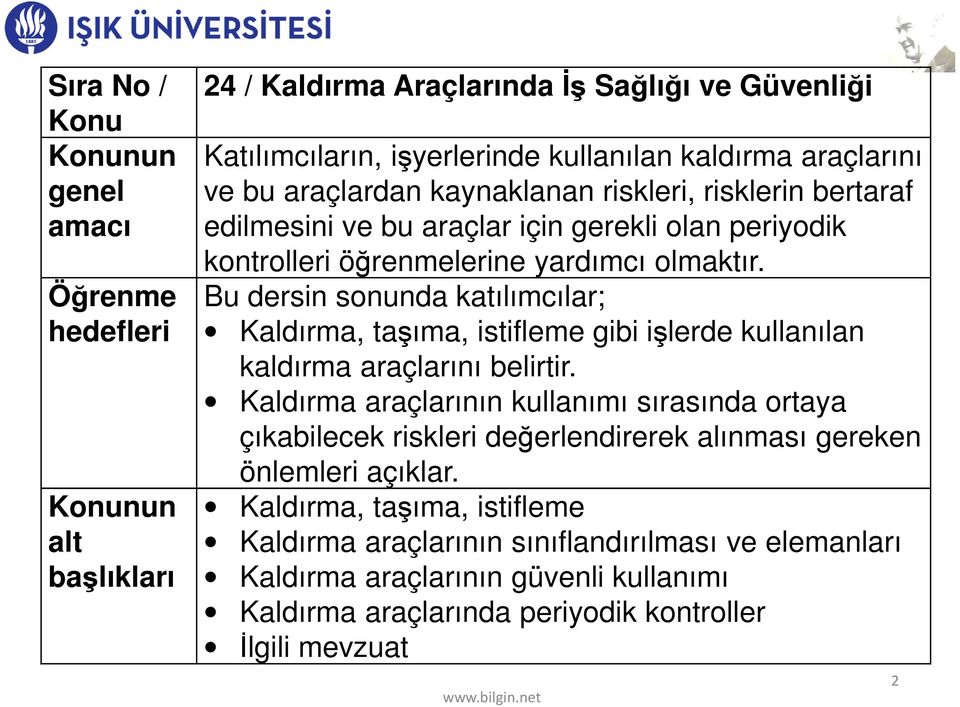 Bu dersin sonunda katılımcılar; Kaldırma, taşıma, istifleme gibi işlerde kullanılan kaldırma araçlarını belirtir.