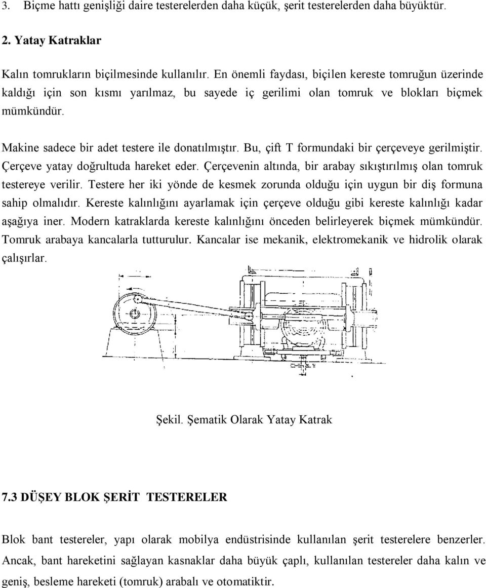 Bu, çift T formundaki bir çerçeveye gerilmiştir. Çerçeve yatay doğrultuda hareket eder. Çerçevenin altında, bir arabay sıkıştırılmış olan tomruk testereye verilir.