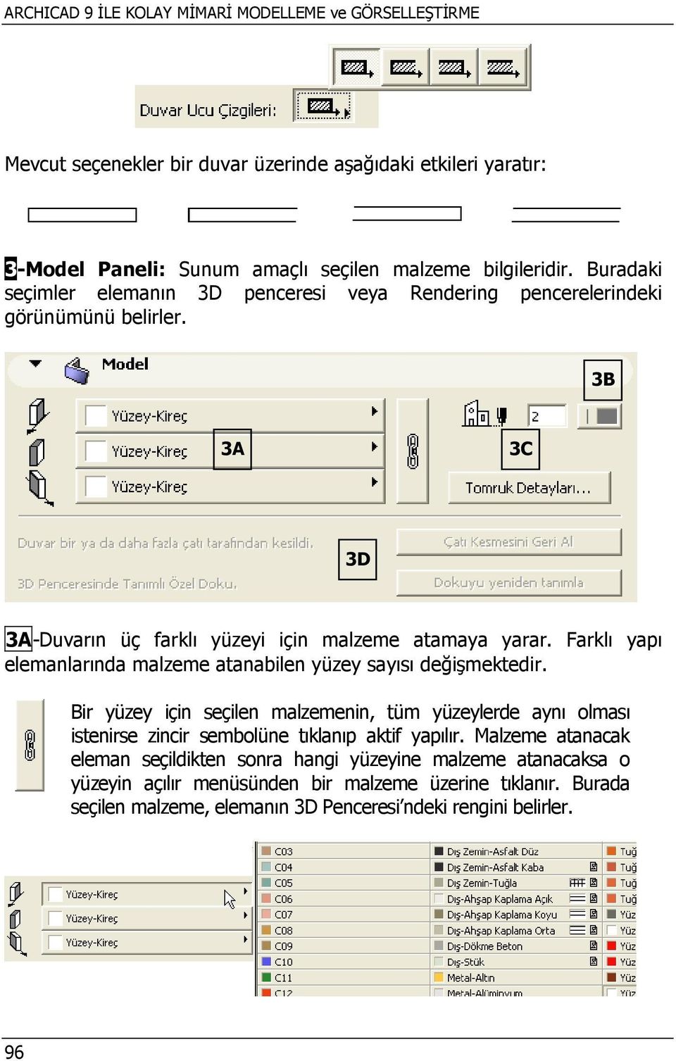 Farklı yapı elemanlarında malzeme atanabilen yüzey sayısı değişmektedir.