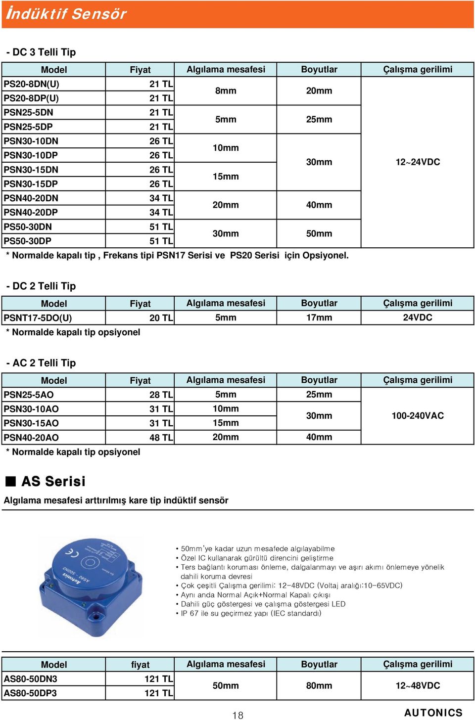 - DC 2 Telli Tip PSNT17-5DO(U) 20 TL * Normalde kapalı tip opsiyonel 5mm 17mm 24VDC - AC 2 Telli Tip PSN25-5AO PSN30-10AO 31 TL PSN30-15AO 31 TL PSN40-20AO 48 TL * Normalde kapalı tip opsiyonel 5mm