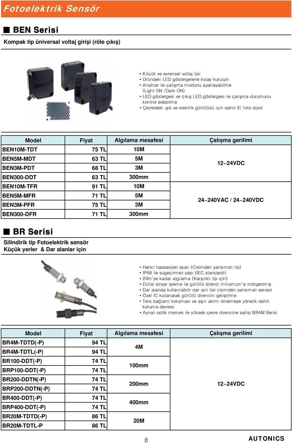 68 TL 5M 3M BEN300-DDT 63 TL 300mm BEN10M-TFR 91 TL 10M BEN5M-MFR BEN3M-PFR 71 TL 75 TL 5M 3M 24~240VAC / 24~240VDC BEN300-DFR 71 TL 300mm BR Serisi Silindirik tip Fotoelektrik sensör Küçük yerler &