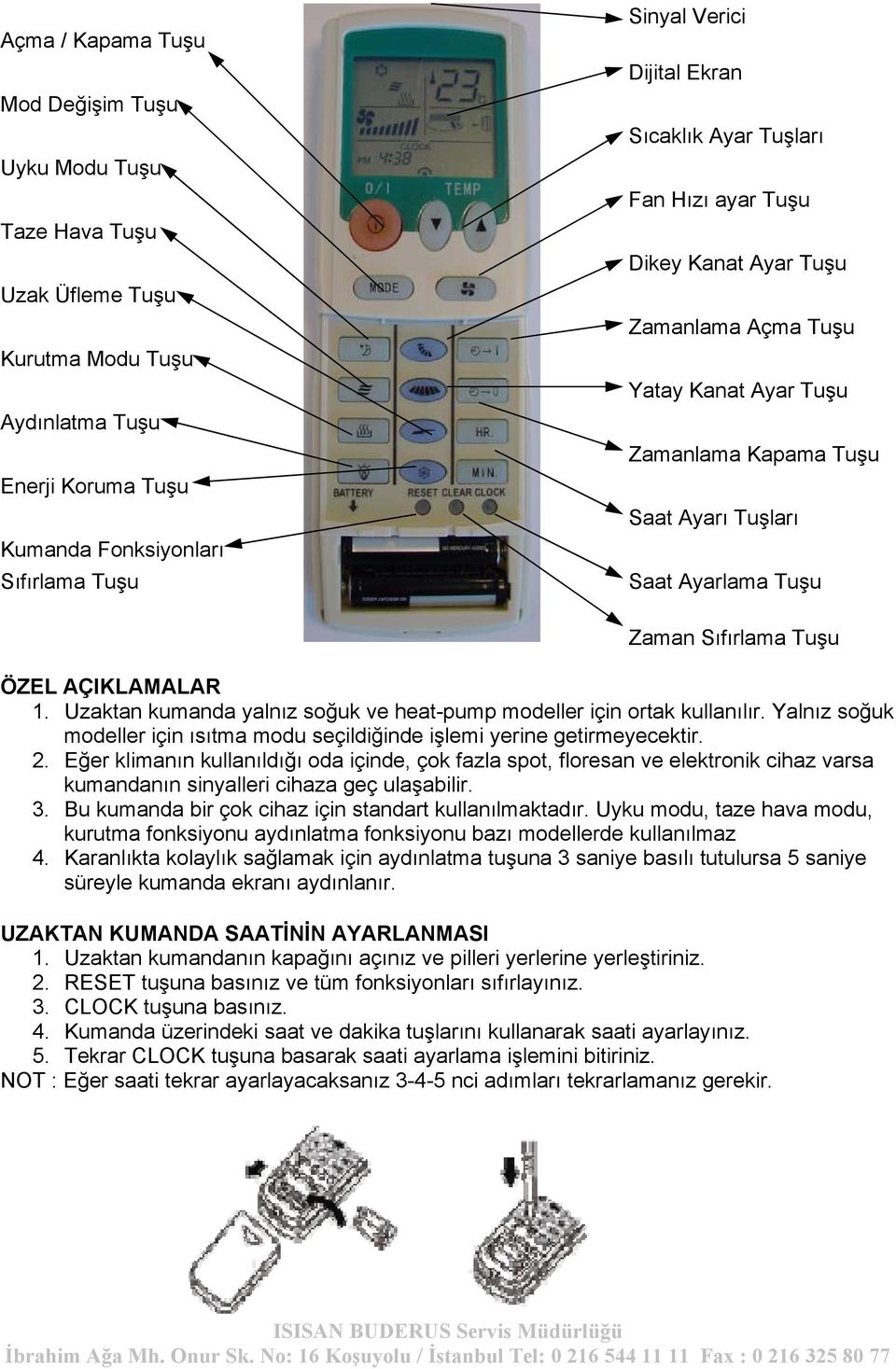 AÇIKLAMALAR 1. Uzaktan kumanda yalnız soğuk ve heat-pump modeller için ortak kullanılır. Yalnız soğuk modeller için ısıtma modu seçildiğinde işlemi yerine getirmeyecektir. 2.