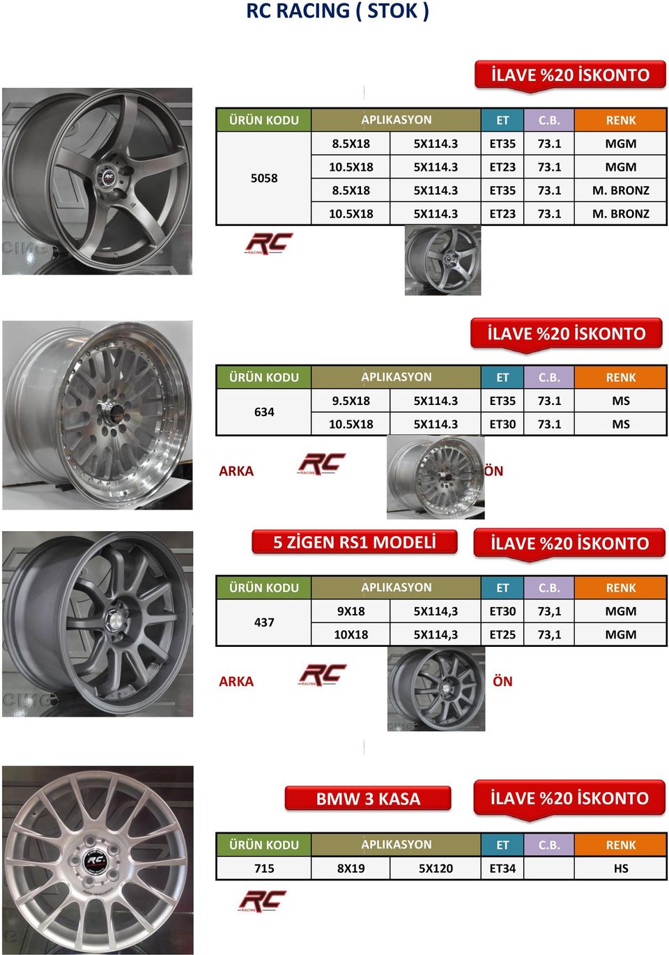 1 MS ARKA ÖN 5 ZİGEN RS1 MODELİ 9X18 5X114,3 ET30 73,1 MGM 437 10X18 5X114,3