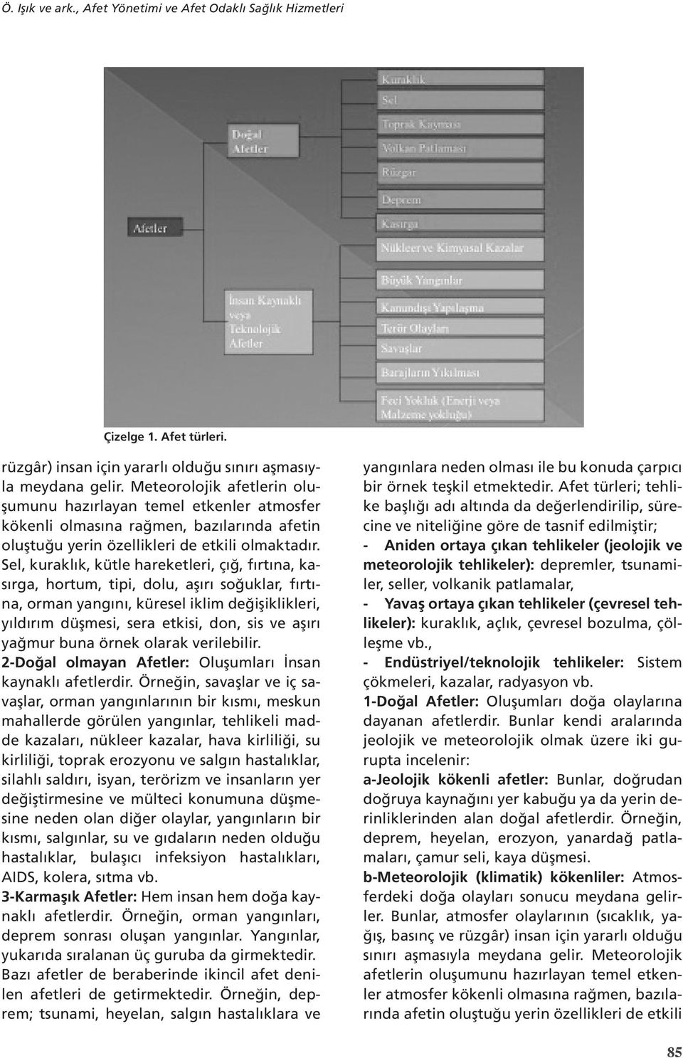 Sel, kuraklık, kütle hareketleri, çığ, fırtına, kasırga, hortum, tipi, dolu, aşırı soğuklar, fırtına, orman yangını, küresel iklim değişiklikleri, yıldırım düşmesi, sera etkisi, don, sis ve aşırı