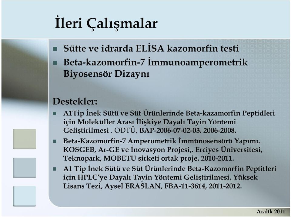 Beta-Kazomorfin-7 Amperometrik İmmünosensörü Yapımı. KOSGEB, Ar-GE ve İnovasyon Projesi,. Erciyes Üniversitesi, Teknopark, MOBETU şirketi ortak proje.