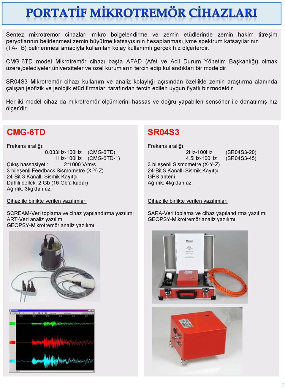 CMG-6TD model Mikrotremör cihazı başta AFAD (Afet ve Acil Durum Yönetim Başkanlığı) olmak üzere,belediyeler,üniversiteler ve özel kurumların tercih edip kullandıkları bir modeldir.