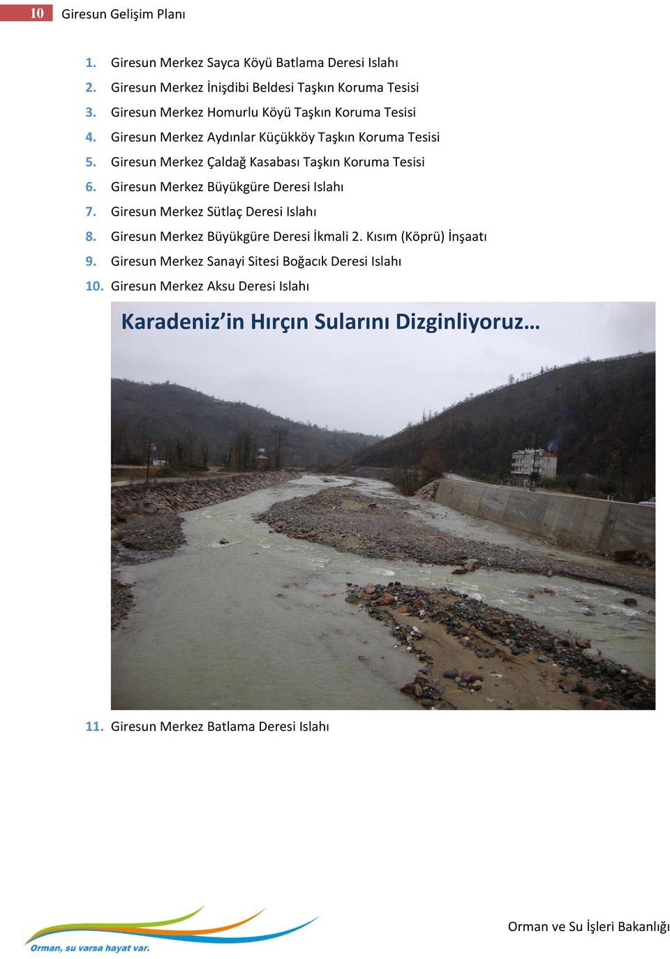 Giresun Merkez Çaldağ Kasabası Taşkın Koruma Tesisi 6. Giresun Merkez Büyükgüre Deresi Islahı 7. Giresun Merkez Sütlaç Deresi Islahı 8.