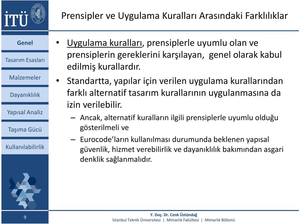 Standartta, yapılar için verilen uygulama kurallarından farklı alternatif tasarım kurallarının uygulanmasına da izin verilebilir.