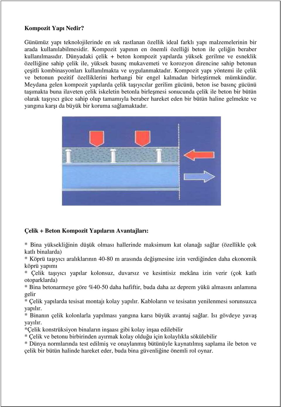 Dünyadaki çelik + beton kompozit yapılarda yüksek gerilme ve esneklik özelliğine sahip çelik ile, yüksek basınç mukavemeti ve korozyon direncine sahip betonun çeşitli kombinasyonları kullanılmakta ve