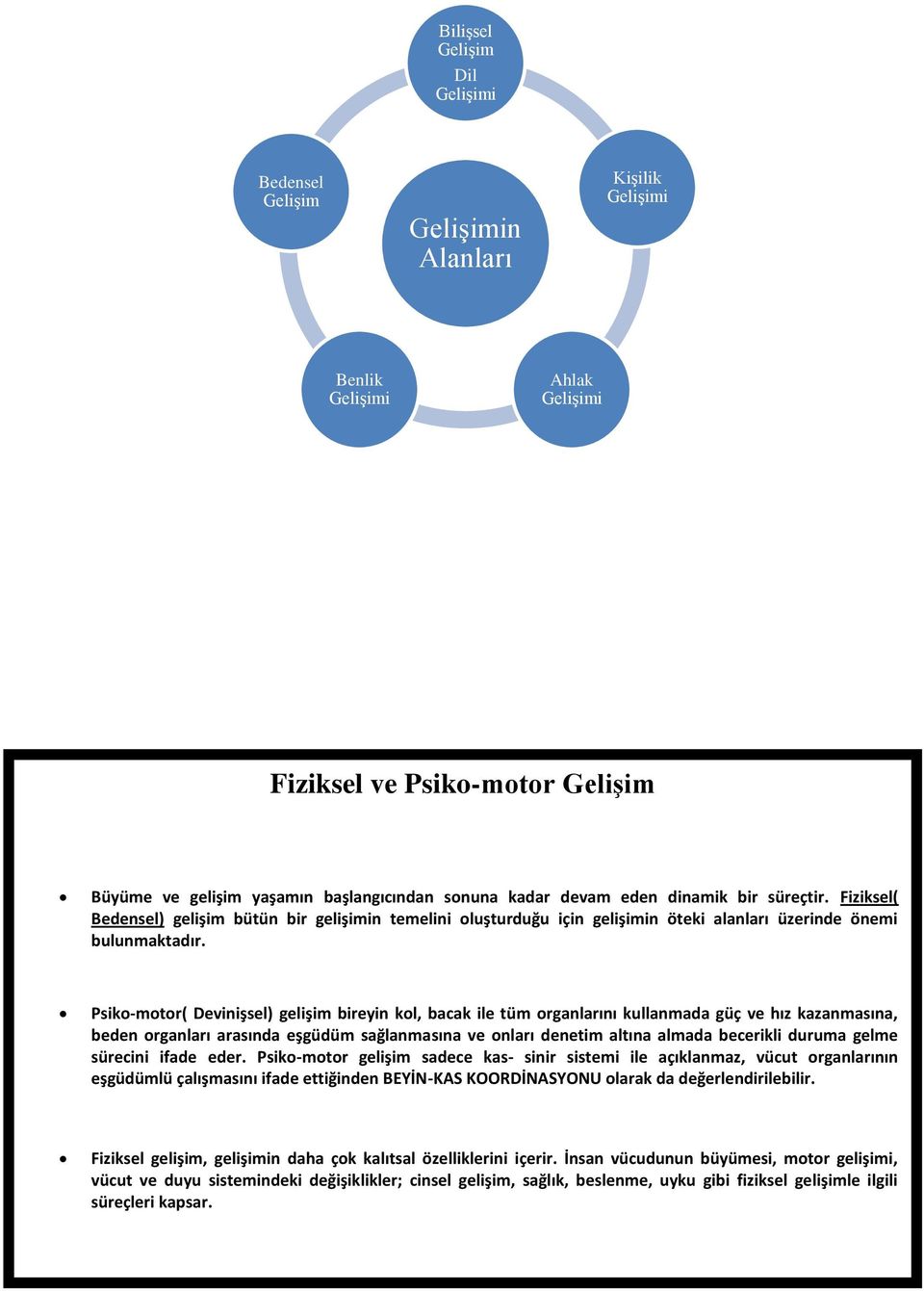 Psiko-motor( Devinişsel) gelişim bireyin kol, bacak ile tüm organlarını kullanmada güç ve hız kazanmasına, beden organları arasında eşgüdüm sağlanmasına ve onları denetim altına almada becerikli