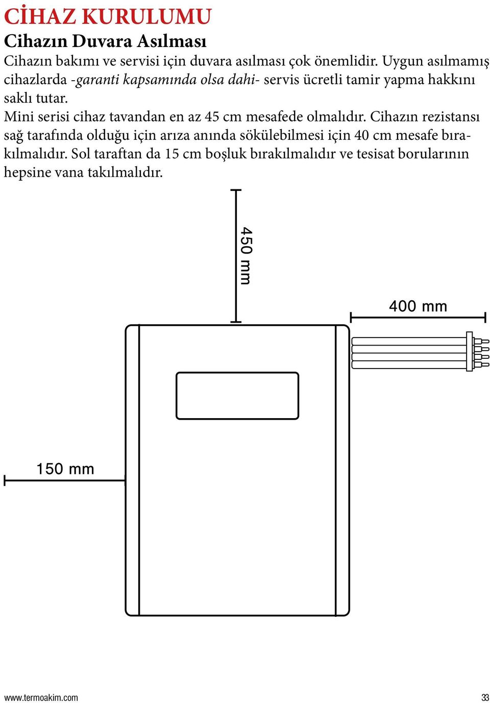 Mini serisi cihaz tavandan en az 45 cm mesafede olmalıdır.