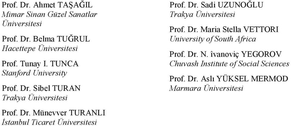 Dr. Sadi UZUNOĞLU Trakya Üniversitesi Prof. Dr. Maria Stella VETTORI University of South Africa Prof. Dr. N.