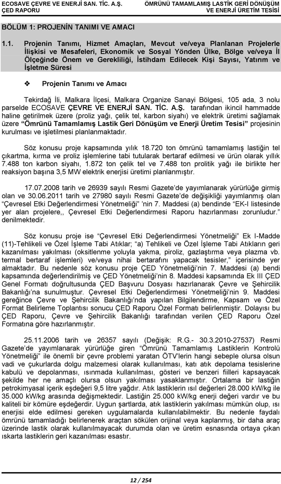 1. Projenin Tanımı, Hizmet Amaçları, Mevcut ve/veya Planlanan Projelerle İlişkisi ve Mesafeleri, Ekonomik ve Sosyal Yönden Ülke, Bölge ve/veya İl Ölçeğinde Önem ve Gerekliliği, İstihdam Edilecek Kişi