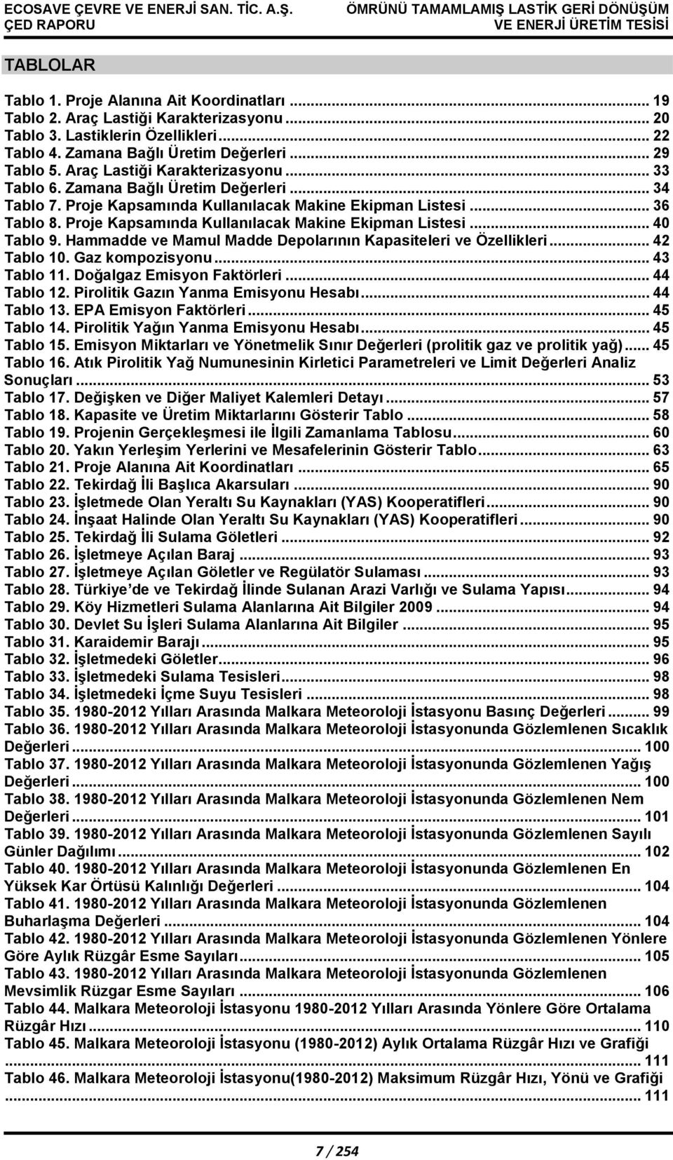 Proje Kapsamında Kullanılacak Makine Ekipman Listesi... 40 Tablo 9. Hammadde ve Mamul Madde Depolarının Kapasiteleri ve Özellikleri... 42 Tablo 10. Gaz kompozisyonu... 43 Tablo 11.