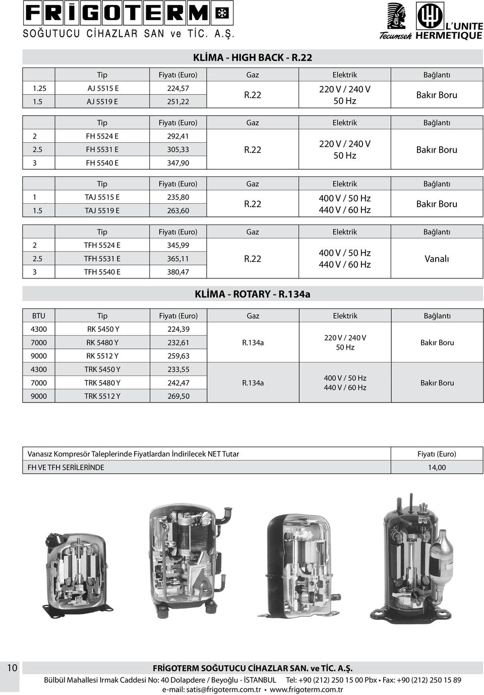 22 Vanalı 440 V / 60 Hz 3 TFH 5540 E 380,47 BTU 4300 RK 5450 Y 224,39 7000 RK 5480 Y 232,61 R.