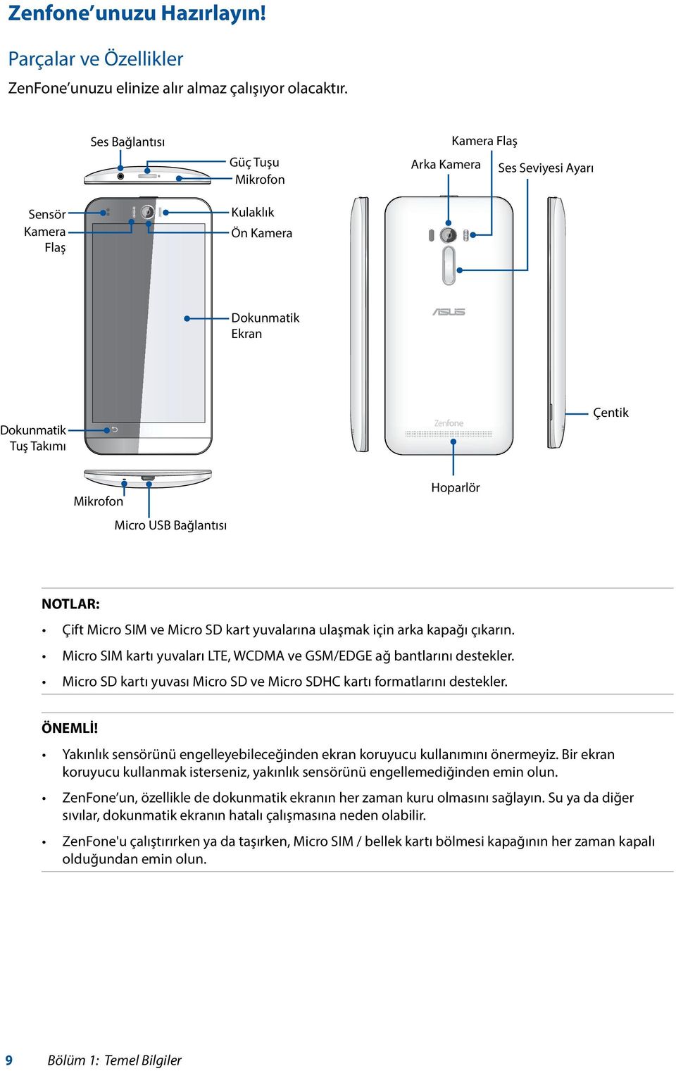 NOTLAR: Çift Micro SIM ve Micro SD kart yuvalarına ulaşmak için arka kapağı çıkarın. Micro SIM kartı yuvaları LTE, WCDMA ve GSM/EDGE ağ bantlarını destekler.