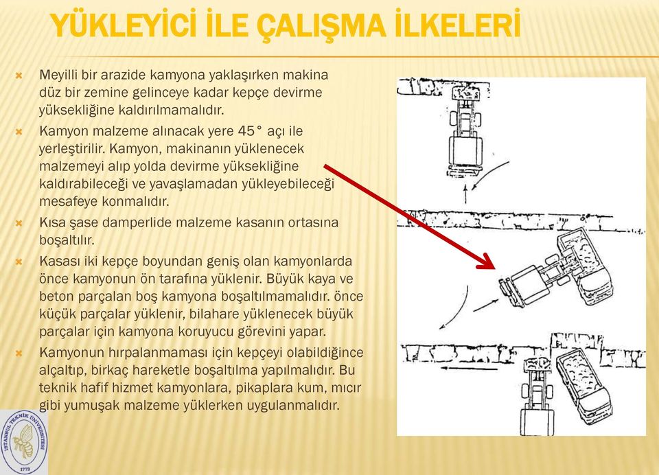 Kısa şase damperlide malzeme kasanın ortasına boşaltılır. Kasası iki kepçe boyundan geniş olan kamyonlarda önce kamyonun ön tarafına yüklenir.