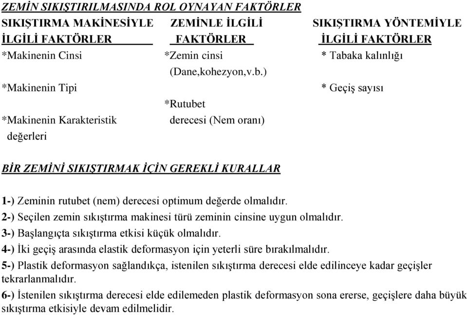 ) *Makinenin Tipi * Geçiş sayısı *Rutubet *Makinenin Karakteristik derecesi (Nem oranı) değerleri BİR ZEMİNİ SIKIŞTIRMAK İÇİN GEREKLİ KURALLAR 1-) Zeminin rutubet (nem) derecesi optimum değerde