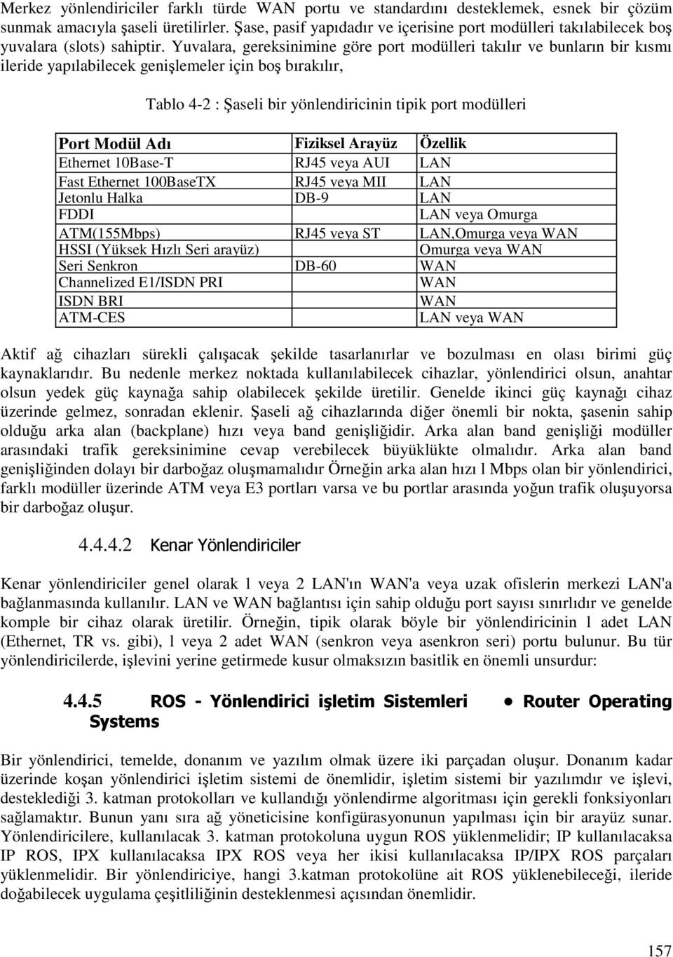 Yuvalara, gereksinimine göre port modülleri takılır ve bunların bir kısmı ileride yapılabilecek genişlemeler için boş bırakılır, Tablo 4-2 : Şaseli bir yönlendiricinin tipik port modülleri Port Modül