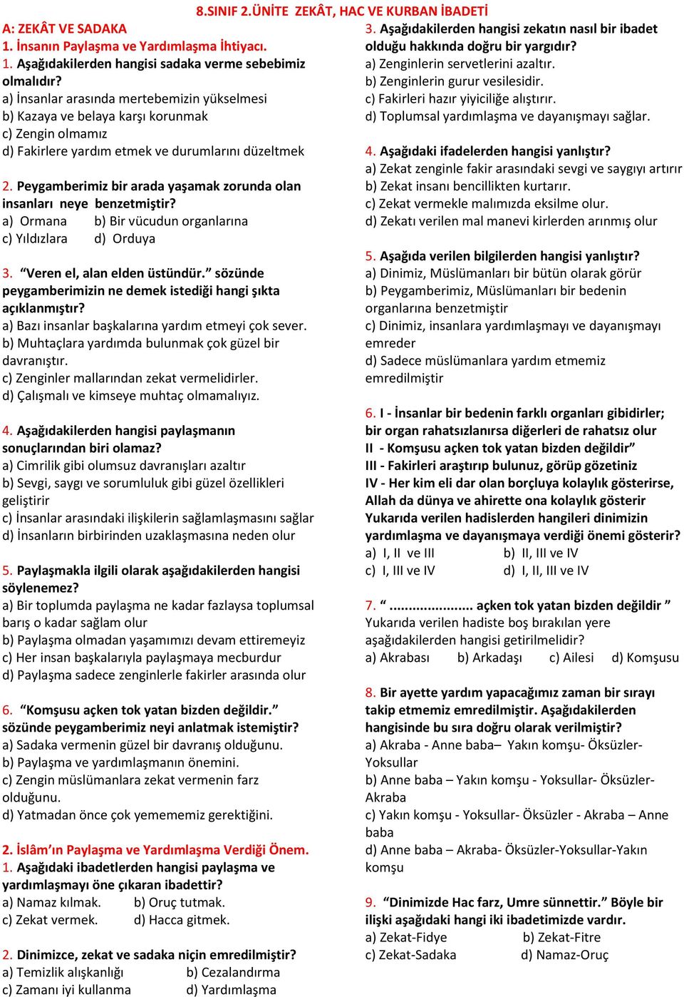 Peygamberimiz bir arada yaşamak zorunda olan insanları neye benzetmiştir? a) Ormana b) Bir vücudun organlarına c) Yıldızlara d) Orduya 3. Veren el, alan elden üstündür.