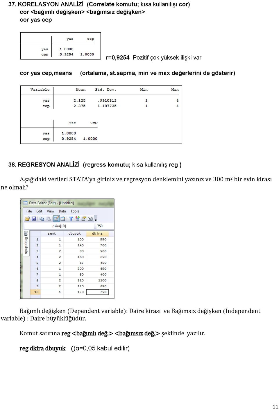 REGRESYON ANALİZİ (regress komutu; kısa kullanılış reg ) Aşağıdaki verileri STATA ya giriniz ve regresyon denklemini yazınız ve 300 m 2 bir evin kirası ne