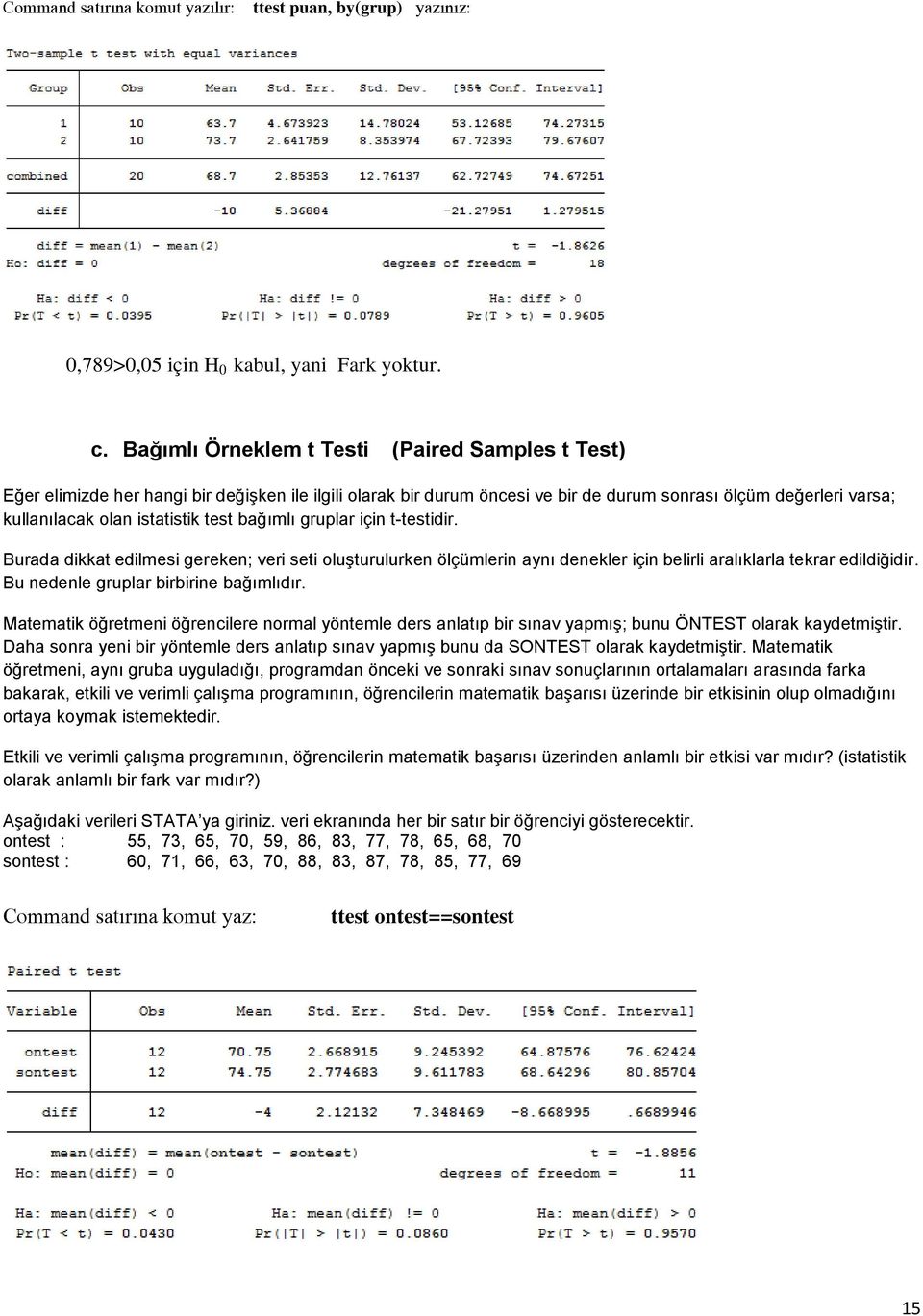 test bağımlı gruplar için t-testidir. Burada dikkat edilmesi gereken; veri seti oluşturulurken ölçümlerin aynı denekler için belirli aralıklarla tekrar edildiğidir.