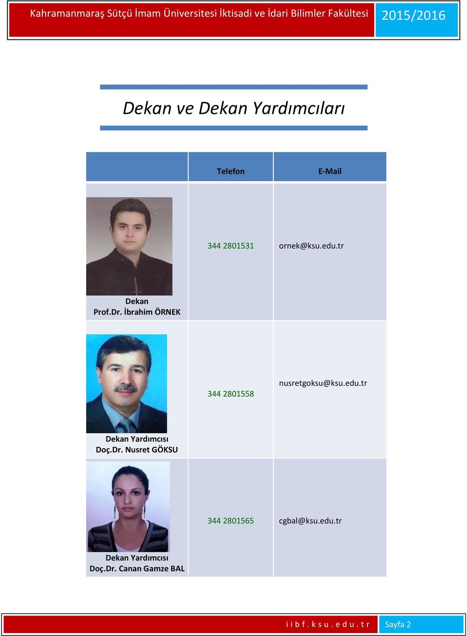 İbrahim ÖRNEK 344 2801558 nusretgoksu@ksu.edu.tr Dekan Yardımcısı Doç.Dr.