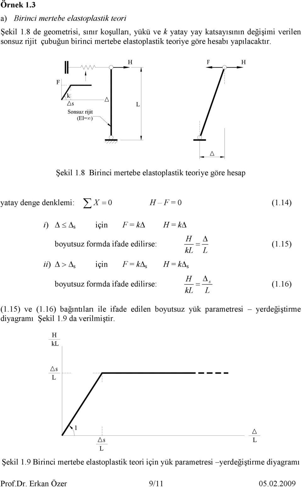 H H F k Sonsuz rijit sonsuz (EI= ) rijit (EI=? ) L Şekil.8 Birinci mertebe elastoplastik teoriye göre hesap yatay denge denklemi: X = 0 H F = 0 (.